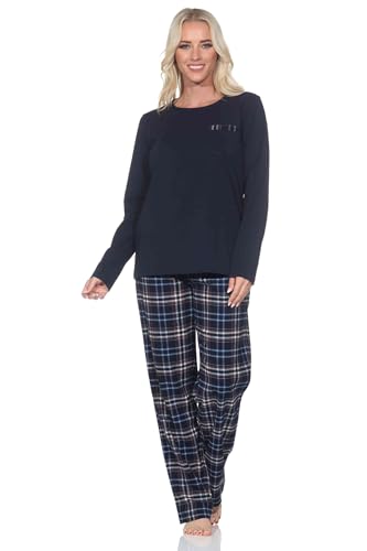 Normann Damen Schlafanzug lang Pyjama mit Flanell Pyjamahose in Karo Optik, Farbe:Navy, Größe:44-46
