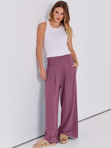 Image of ANRABESS Women Linen Palazzo Pants Summer Boho Wide Leg High Waist Casual Lounge Pant 2026 Beach Travel Vacation Outfits
