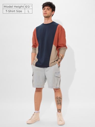 Image of The Souled Store True Navy Men and Boys Round Neck Multicolor Color Blocked Cotton Oversized Full Sleeve T-Shirts