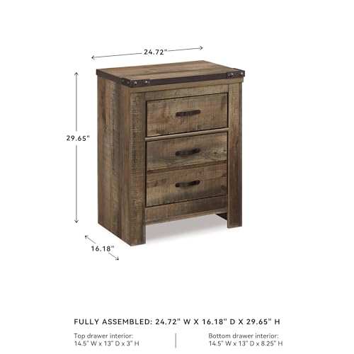 Signature Design by Ashley Trinell Rustic 2 Drawer Nightstand with USB Charging Stations, Warm Brown