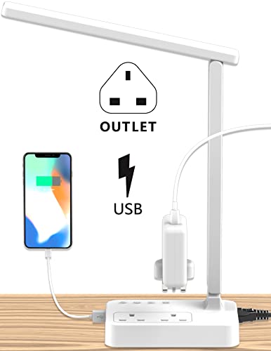 Drevet LED Desk Lamp, Desk Light with 1 USB Charging Port and 2 Way Outlets, 3 Lighting Modes, 3 Level Brightness,1H Timer, Touch Control, Eye-Caring Home Office Bedside Table Lamp