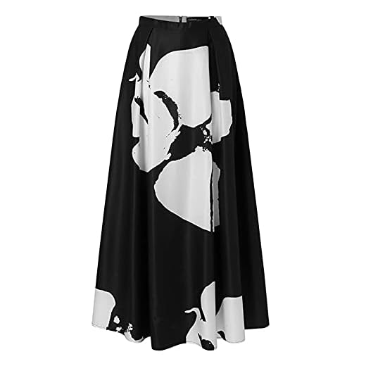 Esdlajks kjolar för kvinnor Kvinnor Stor blomma Tryck A-Line Swing Casual High Waist Kjolar med Ficka (Color : Black, Size : S)