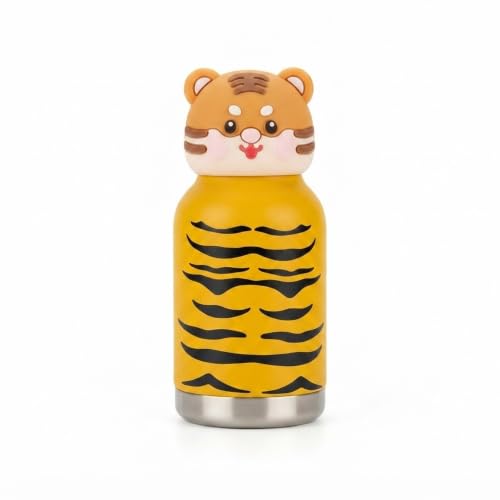 Image of JOUET Kids Stainless Steel Water Bottle 280ml with Tiger Print Design, Yellow Leakproof Drinking Bottle for School, Travel & Daily Use
