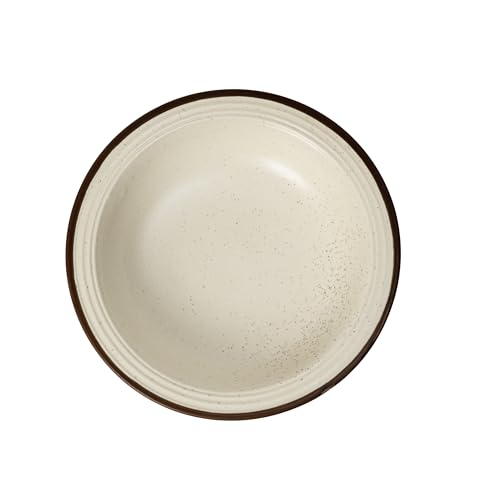 Image of Beyond Homes Ceramic Pasta Plates Shallow, 18cm, Set of 4, White Brown | Matte Finish Ceramic Pasta Bowl | Flat Stoneware Pasta and Maggie Bowl | Chip-Resistant | Microwave Safe; (4, White Brown Rim)