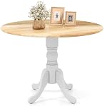 COSTWAY Table ronde pour 4, 39-inch Table de cuisine en bois avec cadre en bois de caoutchouc massif, jambes à tourbe courbées, coussinets réglables, table de dîner rustique du milieu du siècle pour le salon (Natural+White)