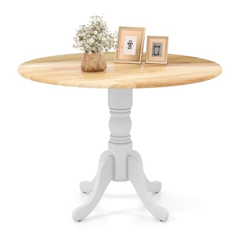COSTWAY Round Dining Table for 4, 39-inch Wooden Kitchen Table With Solid Rubber Wood Frame, Curved Trestle Legs, Adjustable Foot Pads, Mid Century Rustic Dinning Table for Living Room (Natural+White)