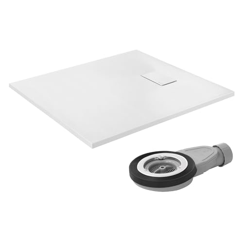 LuxeBath Plato de Ducha 100x90cm Blanco, con Juego de Desagüe Base Rectangular con Superficie Antideslizante y Antibacteriano en Aspecto Pizarra Altura 30mm SMC Extraplano y Robusto, Fácil Instalación