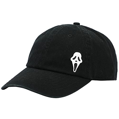 Bioworld Ghost Face Embroidered Baseball Cap - Black Cotton Horror Dad Hat Curved Bill Adjustable Buckle Closure Unisex