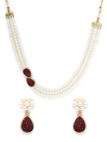 Image of Karatcart Pink Stone Studded Pearl Kundan Necklace Set for Women