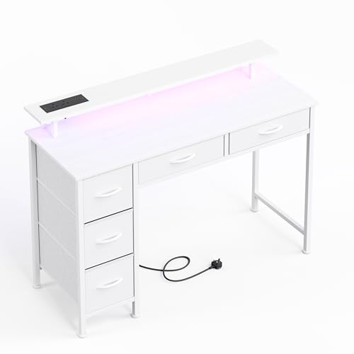MUTUN 100CM Computer Desk with 5 Fabric Drawers Gaming Desk with LED Lights & Power Outlets Home Office desk with Monitor Stand Work Desk with USB Charging Port White