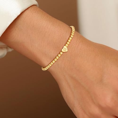 Gold Initial Bracelets for Women Girls Gifts - 18K Gold Plated Heart Initial Bracelet Teen Girl Gifts Trendy Stuff Dainty Beaded Bracelet Gold Bracelets for Women Girls Jewelry3