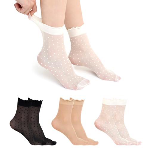 Artfasion Sheer Ruffle Socks Women: Polka Dot Ankle Lightweight Thin Nylon Summer Dress Socks for Heels Loafers Office Wear Cute Fashion Silk Stocking 12 Pairs (Mix 5-9)