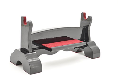 Handmade Sword - Black Piano Lacquered Wood, Single Tier Deluxe Table Stand for Katana or Wakizashi Swords, Red Felt on The Arch and Front, Sword Table Display Holder