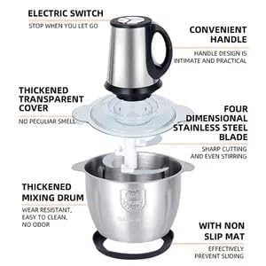 Image of 2L Electric Meat Grinder with Handle | 300W Powerful Meat Mincer & Food Chopper | Stainless Steel Bowl | 4D Sharp Blades | Dual Speed | Multi-Purpose Kitchen Chopper for Meat, Vegetables & Spices