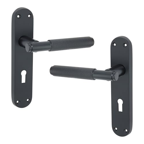 Infinity Decor Pair of Knurled Lever on Keyhole Backplate Lock Door Handles Set - Ideal for Interior & Exterior Doors (Matt Black)