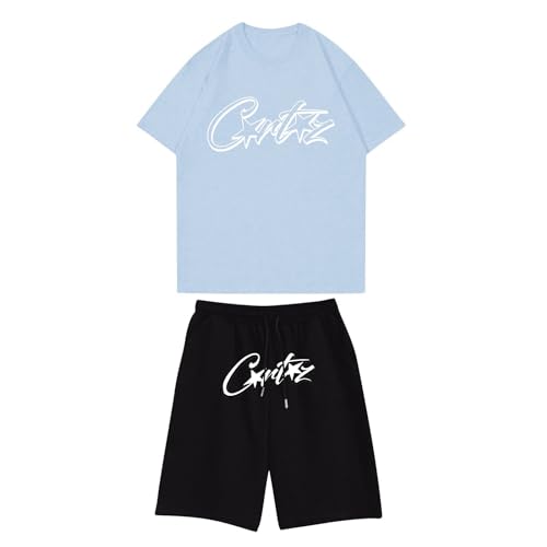 Generisch CRTZ Kurze Hose Set 2 Teiliges Bequeme Sommer Outfit Oversized Sport Kleidung Zweiteiler Trainingsanzug Jogginganzug Kurzarm Y2K Hip Hop Unisex Männer Loungewear