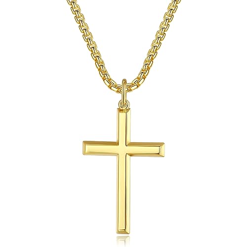 Collier Homme Plaqué Or Jaune avec Pendentif Croix en Argent sterling 925 et Chaîne Acier Inoxydable pour Hommes - Longueur 61 cm