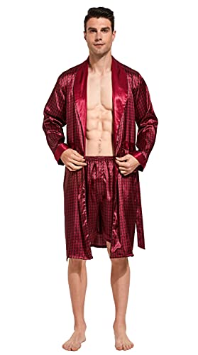 Image of TONY AND CANDICE Men's Satin Robe Lightweight Long Sleeve Silk Kimono Bathrobe with Shorts Set Sleepwear