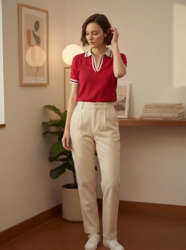 Image of FYLTR Women's Modern V-Neck Striper Collar Solid Polo T-Shirt - Contrast Tipping Details | Regular Fit | T-Shirts for Women | Open Placket