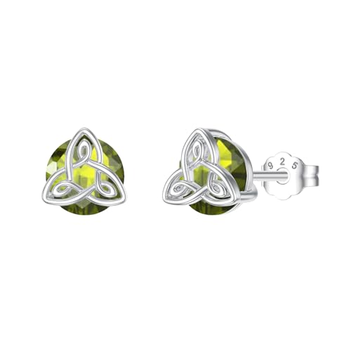 Seiyang August Peridot Birthstone Stud Celtic Earrings 925 Sterling Silver Celtic Knot Earrings Celtic Knot Jewelry Olive Green Birthstone Gifts for Daughter Women