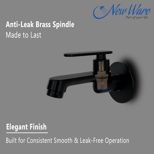 Image of New Ware Brass Bib Cock Tap Matte Black 5.5 Inch | Wall Mount Faucet with Flange | Bathroom Kitchen Sink Water Tap