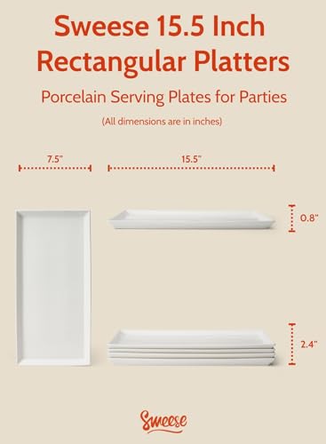 Sweese White Serving Platters, Porcelain Serving Trays for Parties, Large Rectangular Plates - 15.5 Inch, Set of 4