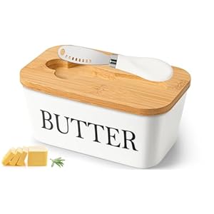 Butterdose mit Holzdeckel, Butterdose Keramik mit Buttermesser, Multifunktion Butterdose Porzellan, 250 g Butter Dish, Butterglocke, Butterbox