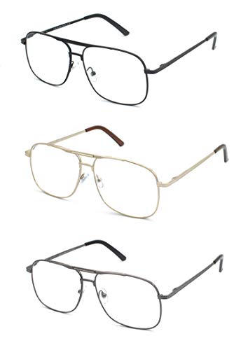 EYE ZOOM 3 Pack Readers Metal Frame Square Aviator Style Geek Reading Glasses for Men, Black, Gold and Gunmetal, Strength: +1.75