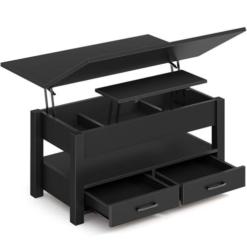 Rolanstar Couchtisch Höhenverstellbar, Wohnzimmertisch mit Schublade & verstecktem Fach, Kaffeetisch umwandelbar in Esstisch, 100 x 50 cm Sofatisch aus Holz, schwarz