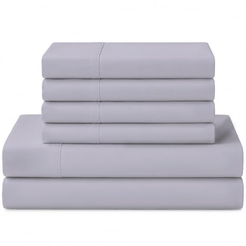 Image of Linen Home 100% Cotton Percale Sheets Queen Size, Prelude Purple, Deep Pocket, 6 Pieces Set- 1 Flat, 1 Fitted and 4 Pillowcases, Crisp Cool and Long Staple Strong Bed Linen