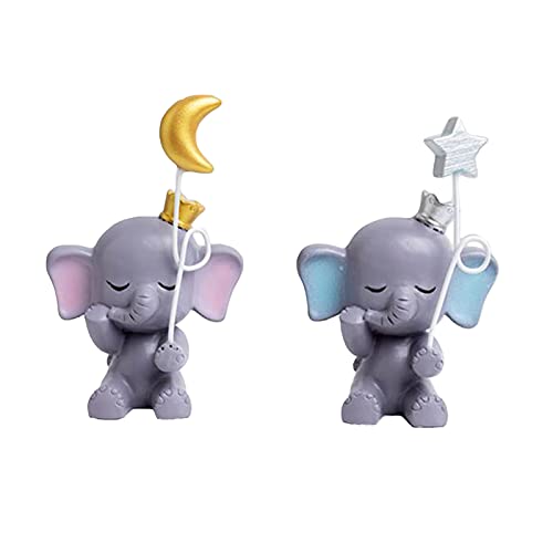 1 Pair Moon & Star Elephant With Balloons Cake Toppers, Elephant Doll Toy Figurines Statue Ornament Cake Decoration For Baby Shower Girls Boys Kids Birthday Cake Decoration #TOP2