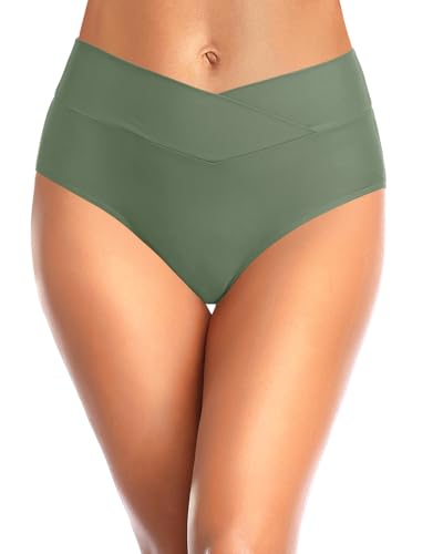 Image of Women V Cut Full Coverage Bikini Bottom - High Waist Swim Bathing Suit Bottoms Cross V Front Swimsuit