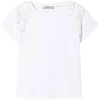 Twinset - Camiseta Twinset de jersey de algodón, cuello redondo, aplicaciones florales, TON Sur TON, en las mangas, ajuste regular, color blanco, blanco óptico, XL