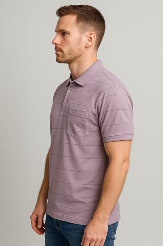 Image of WILD ELEPHANT Men Cotton Striped Polo Neck Half Sleeve T-Shirt with Pocket