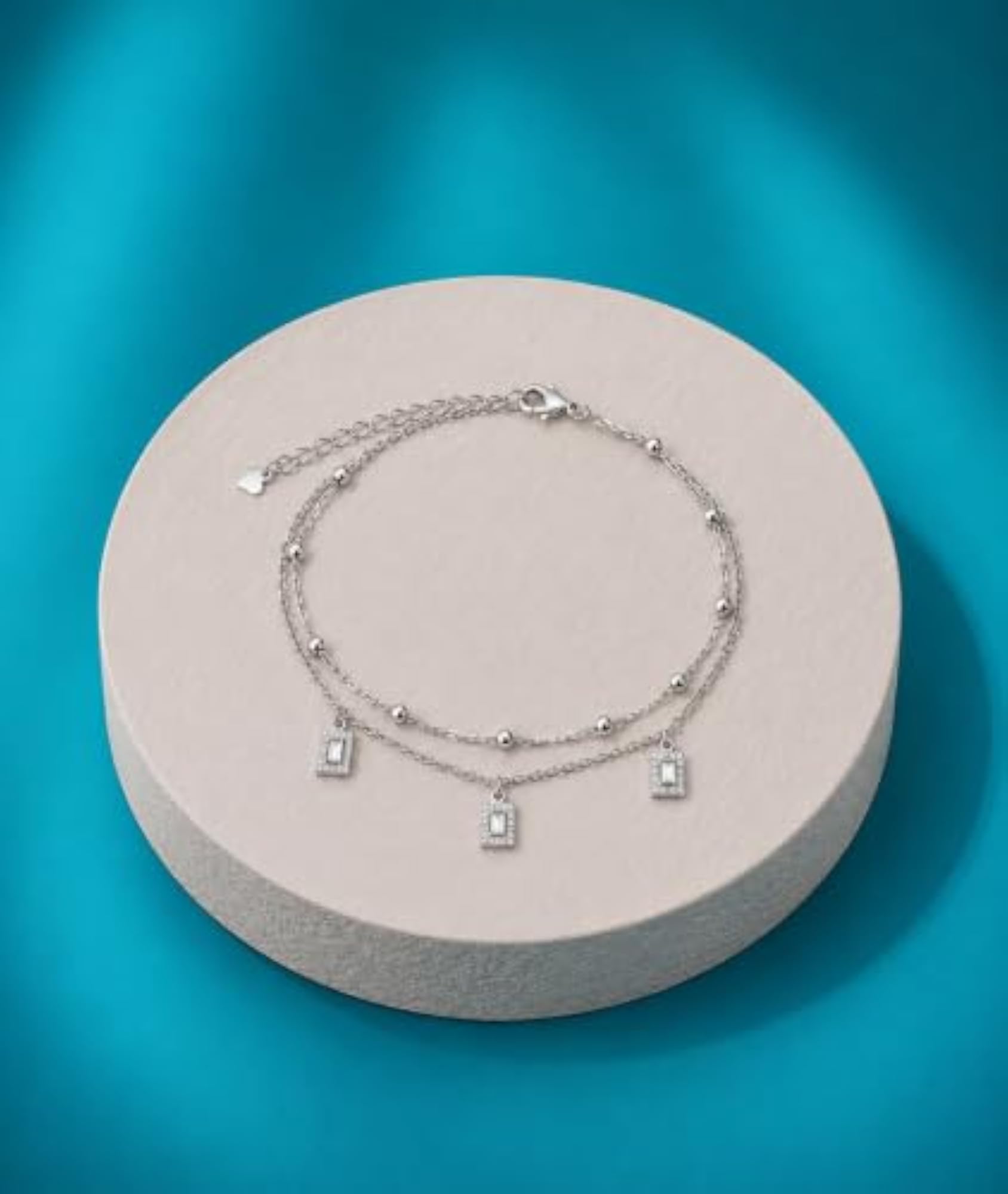 925 Sterling Silver Double Layer CZ Charm Bracelet