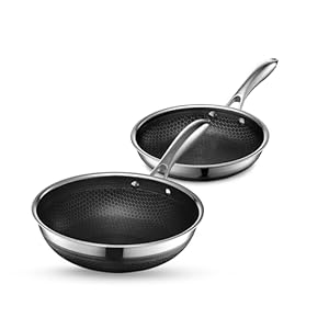 HexClad 2 Piece Hybrid Stainless Steel Cookware Set – 10 Inch Wok Pan and 8 Inch Fry Pan with Stay Cool Handles, Dishwasher and Oven Safe, Non-Stick
