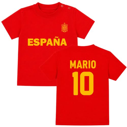 LolaPix Camiseta Selección Española Bebe Personalizada. Equipación España Bebé Mundial 2026. Camiseta España Mundial 2026 Bebe. Tallas de 0 a 2 Años. 100% Algodón Peinado Rojo