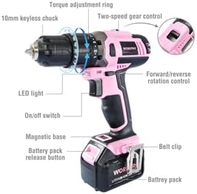 WORKPRO Pink Cordless 20V Lithium-ion Drill Driver Set, 1 Battery, Charger and Storage Bag Included - Pink Ribbon - Image 3
