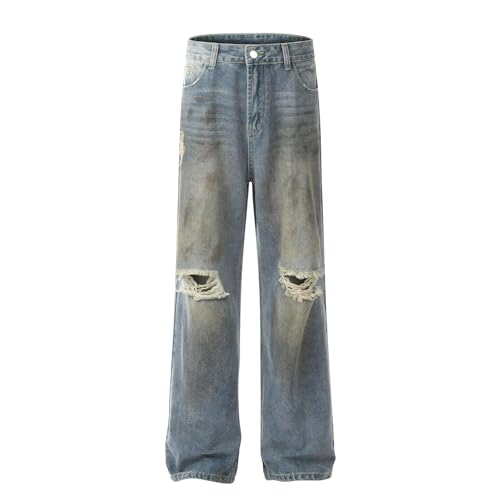 Jeans Pants Trouser Denim Trendy Street Hole Washed Blue Grinding Fading Dirty Spray Printed Casual Straight Leg for Men(Blue,XXL)