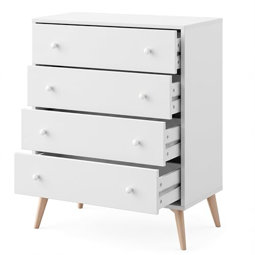 Arreditaly Comò A 4 Cassetti Comodino Stile Scandinavo Cassettiera Settimino Per Camera da Letto Con Gambe Nordiche Guide Metalliche Mobile Contenitore Capiente 77.5 x 40 x 95 Cm Bianco Opaco