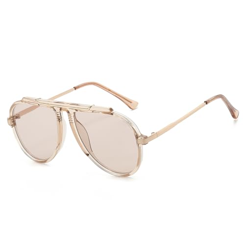 LJCZKA Gafas de Sol Piloto Grande para Mujer Hombre Años 70 Pilot Gafas de Sol Montura Metálica Vintage Moda Protección UV400 (Claro Marrón Claro Marrón)