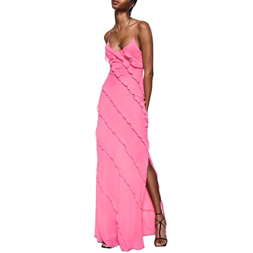 Zervatek Women Sexy Spaghetti Strap Backless Ruffle Maxi Dress Elegant Evening Cocktail Party Tassels Long Bodycon Dress (Pink, S) #TOP24