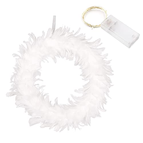 MOOVGTP Couronne de plumes blanches - 30 cm - Couronne de plumes naturelles avec lumière - Décoration pour porte d'entrée, vacances, mariage, fête d'Halloween Cover