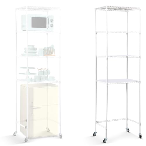 Image of Huwena 4 Tier Mini Fridge Shelf Microwave Stand Over Height Adjustable Fridge Storage Rack with Lockable Wheels & Waterproof Mats Multilayer Metal Organizer for Dorm Apartment Kitchen Office(White)