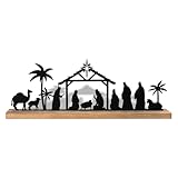 HTMOVAET Nativity Scene Sets Christmas Decorations Indoor - Black Metal Nativity Set with Wood Base Nacimientos Navidenos Figuras for Shelves Tables Window Craftwork Yard Xmas Holiday Home Decor