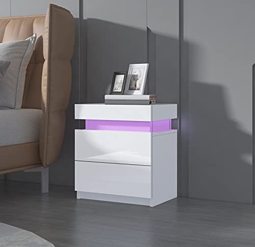 Senvoziii Nachtschrank Kommode mit 2 Schubladen Nachttisch Schubladen Schlafzimmer Hochglanz Beistelltisch RGB LED Beleuchtung - Weiß Cover
