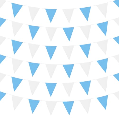 Image of Zwiebeco 39Ft Blue White Fabric Bunting Banner Triangle Flags Party Hanging Cotton Garland Pennant for Summer Pool Seaside Beach Birthday Wedding Baby Shower Outdoor Garden Decorations 42PCS
