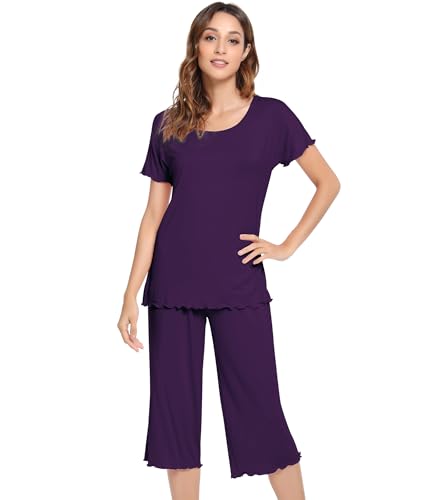 Image of NACHILA Women's Bamboo Viscose Pajama Sets Summer Cooling Short Sleeve Capri Soft Pjs Night Sweats Moisture Wicking Sleepwear
