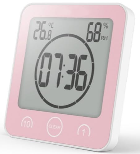 Heuitgs 掛け時計 温度湿度計 デジタル LCD 大画面 IP25 防滴? タイマー付き 吸盤、壁掛、卓上兼用 バスルーム、キッチン用 家庭用 (ピンクです)
