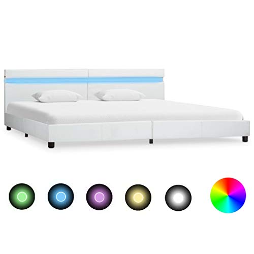 vidaXL Cadre de Lit avec LED Sommier à Lattes Lit Rembourré Lit Coffre Lit Adulte Lit Double Chambre à Coucher Maison Blanc Similicuir 180x200 cm